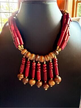 African style statement necklace #N21 beaded red wood